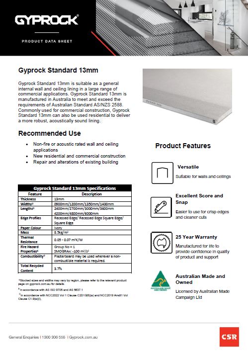 Provides product information and specifications of Gyprock Standard 13mm plasterboard