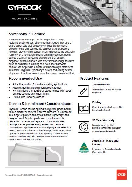 Provides product information and specifications for Symphony Cornice