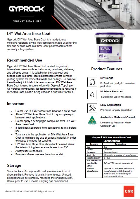 Provides product information and specifications for DIY Wet Area Base Coat.