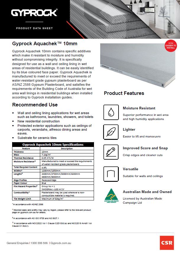 Gyprock Aquachek 10mm Product Data Sheet Thumbnail