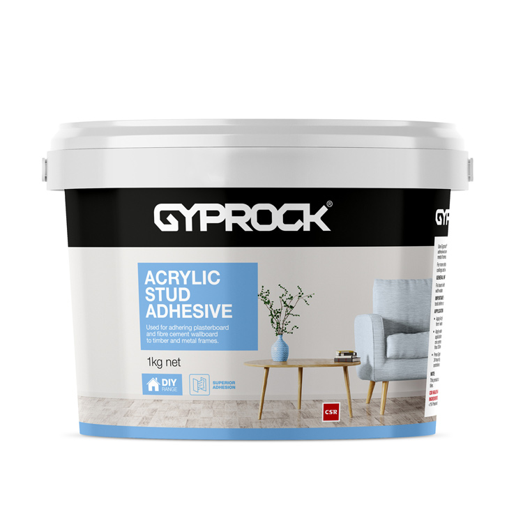 Gyprock® DIY Acrylic Stud Adhesive in a 1kg tub.