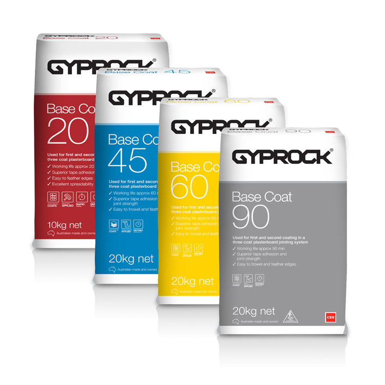 Gyprock® Base Coat 20, 45, 60, 90 product range in 20kg non-resealable bags.