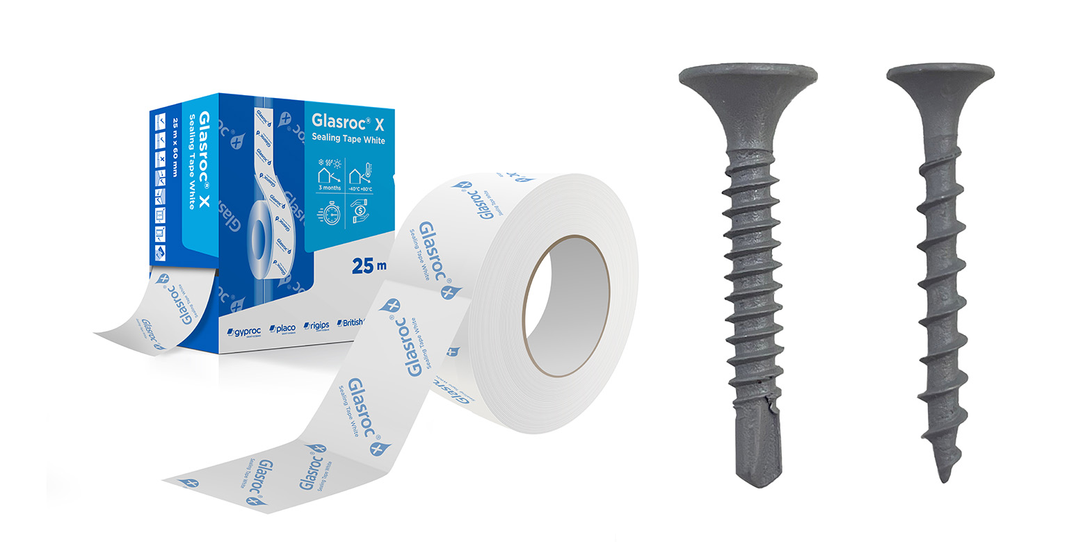 Glasroc X Tape with tape box and timber and steel specific screws