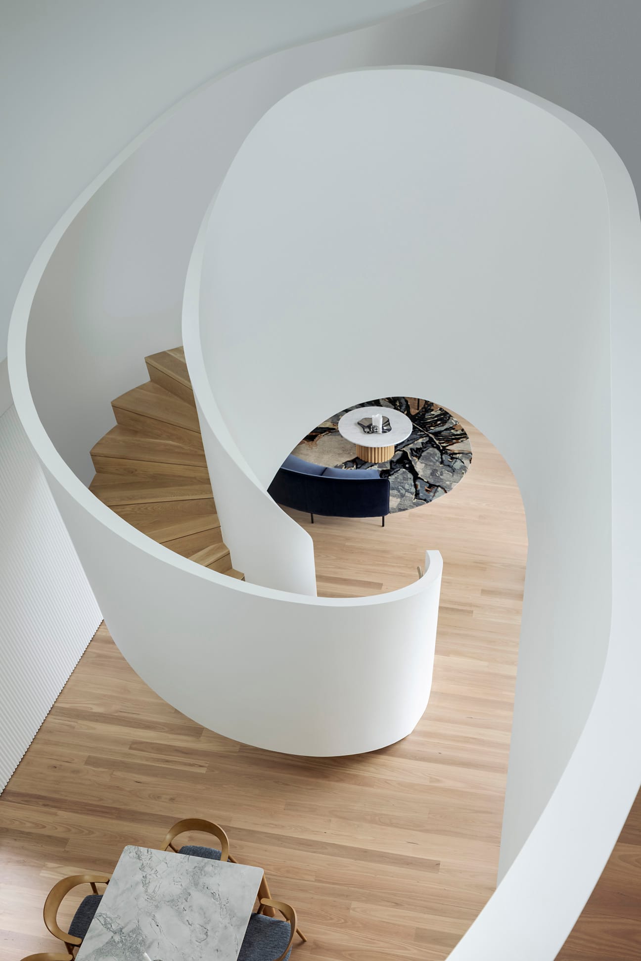 birds eye view of spiral staircase